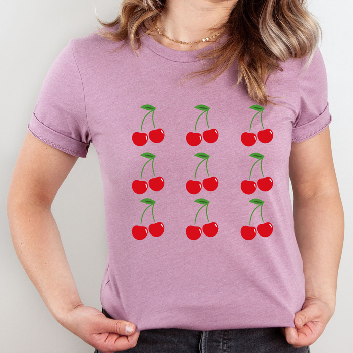Sweet Cherries Grid Basic Graphic Tee, Fun Fruit Shirt, Cherry Printed Tee