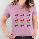 Large Plum Sweet Cherries Grid Basic Graphic Tee, Fun Fruit Shirt, Cherry Printed Tee