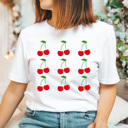 Small White Sweet Cherries Grid Basic Graphic Tee, Fun Fruit Shirt, Cherry Printed Tee