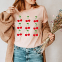  Sweet Cherries Grid Basic Graphic Tee, Fun Fruit Shirt, Cherry Printed Tee