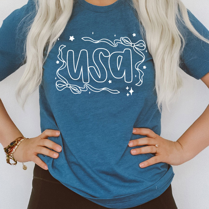 USA Dainty Bow Graphic Tee, Stars And Bow Shirt, Patriotic Printed Tee, 4th Of July Tee