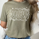 Large Olive USA Dainty Bow Graphic Tee, Stars And Bow Shirt, Patriotic Printed Tee, 4th Of July Tee
