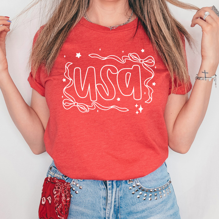 USA Dainty Bow Graphic Tee, Stars And Bow Shirt, Patriotic Printed Tee, 4th Of July Tee
