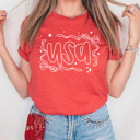 Medium Heather Red USA Dainty Bow Graphic Tee, Stars And Bow Shirt, Patriotic Printed Tee, 4th Of July Tee
