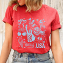 Small Heather Red 4th Of July Favorites Graphic Tee, Patriotic USA Shirt, American Summer Printed Tee