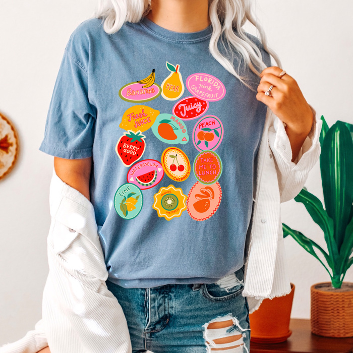 Summer Fruit Sticker Comfort Colors Tee, Fruity Sticker Collage Printed Tee, Sweet Fruit Shirt 