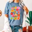 Small Blue Jean Summer Fruit Sticker Comfort Colors Tee, Fruity Sticker Collage Printed Tee, Sweet Fruit Shirt 