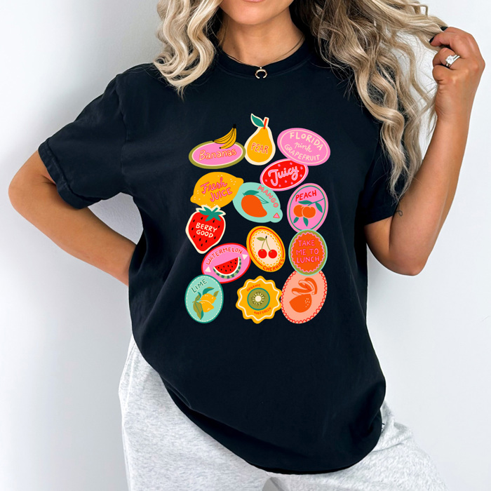 Summer Fruit Sticker Comfort Colors Tee, Fruity Sticker Collage Printed Tee, Sweet Fruit Shirt 