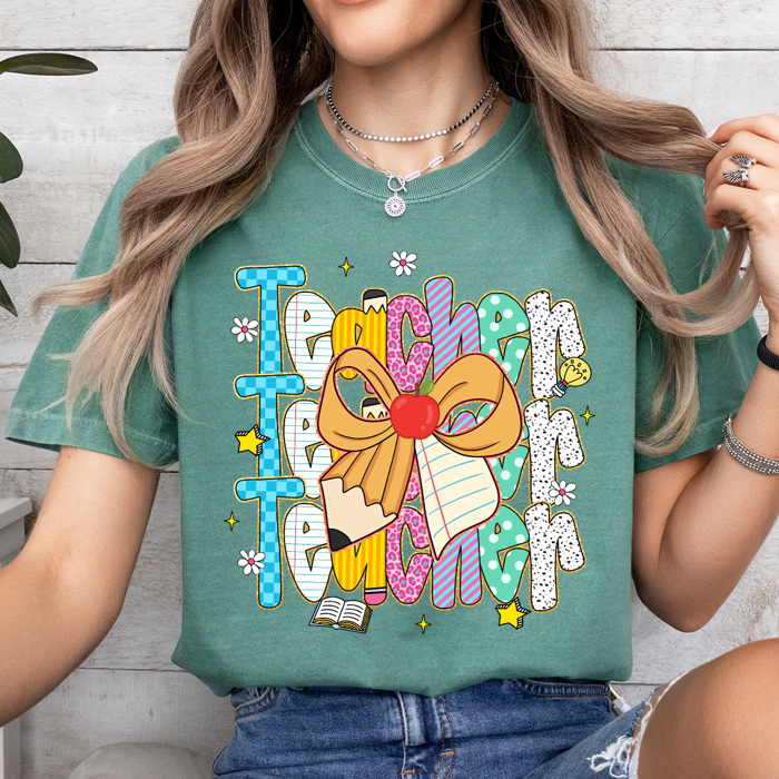 Preppy Teacher Stacked Pencil Bow Comfort Colors Tee, Back To School Teacher Printed Tee, School Time Shirt