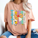 Medium Peachy Preppy Teacher Stacked Pencil Bow Comfort Colors Tee, Back To School Teacher Printed Tee, School Time Shirt