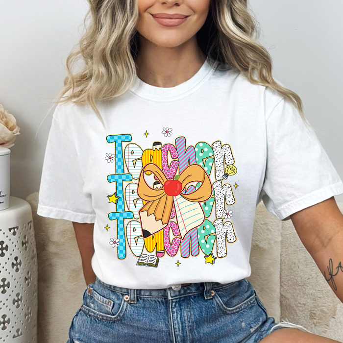 Preppy Teacher Stacked Pencil Bow Comfort Colors Tee, Back To School Teacher Printed Tee, School Time Shirt