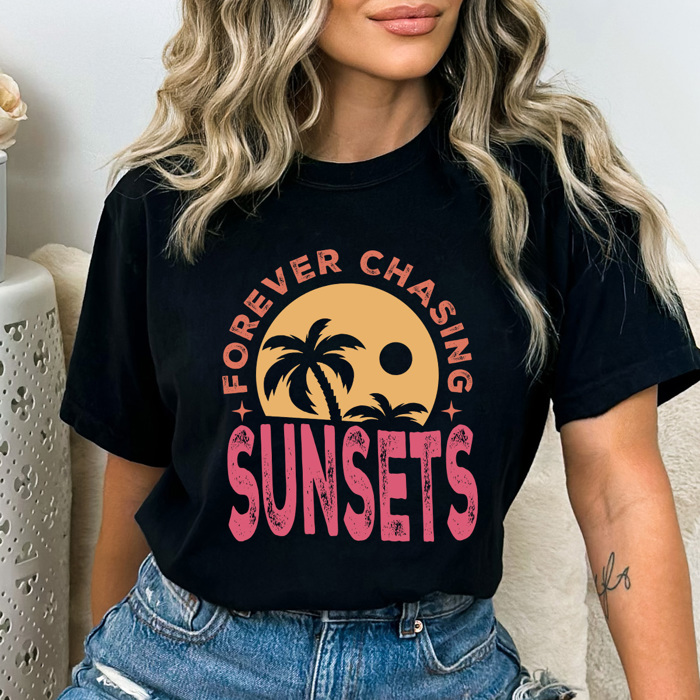 Forever Chasing Sunsets Comfort Colors Tee, Summer Beach Printed Tee, Sunset Summer Tee