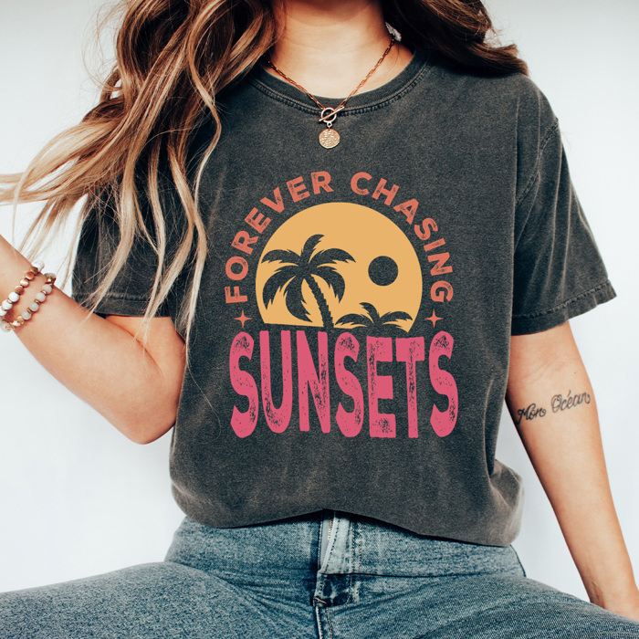 Forever Chasing Sunsets Comfort Colors Tee, Summer Beach Printed Tee, Sunset Summer Tee