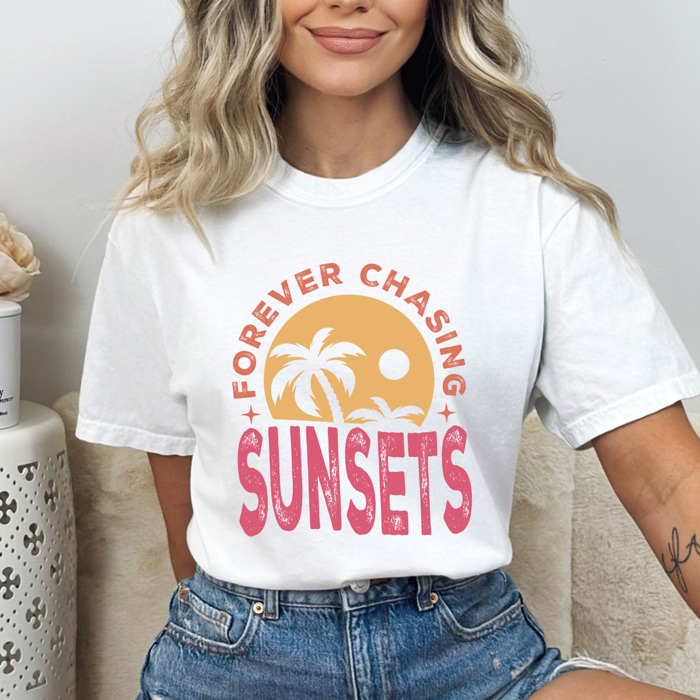 Forever Chasing Sunsets Comfort Colors Tee, Summer Beach Printed Tee, Sunset Summer Tee