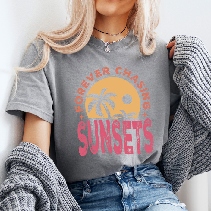 Forever Chasing Sunsets Comfort Colors Tee, Summer Beach Printed Tee, Sunset Summer Tee