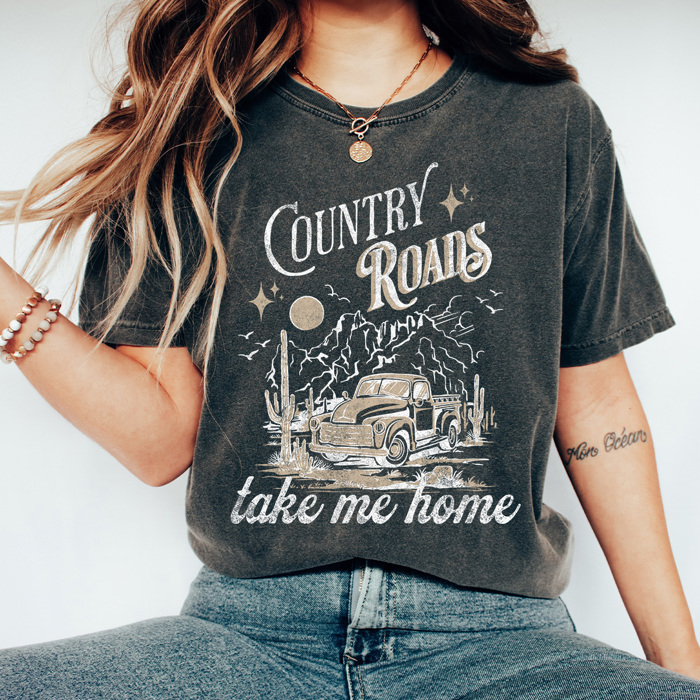 Country Roads Take Me Home Comfort Colors Tee, Country Vibes Printed Tee, Country Music Shirt 