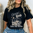 Large Black Country Roads Take Me Home Comfort Colors Tee, Country Vibes Printed Tee, Country Music Shirt 