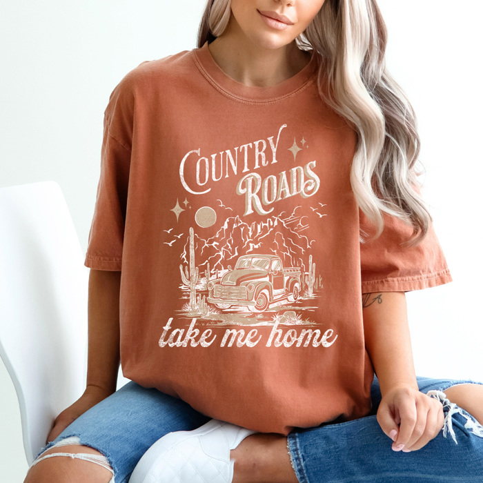 Country Roads Take Me Home Comfort Colors Tee, Country Vibes Printed Tee, Country Music Shirt 