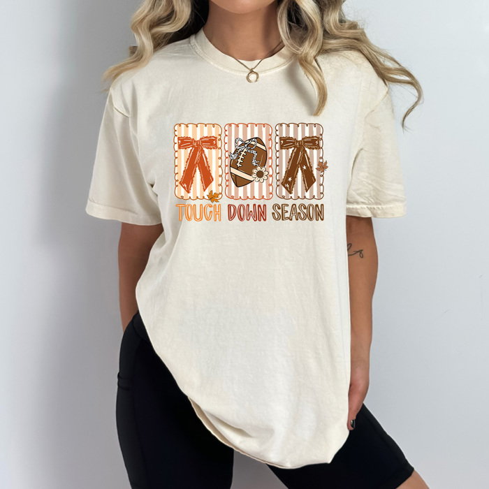 Touch Down Season Comfort Colors Tee, Bows And Football Printed Tee, Fall Football Season Shirt