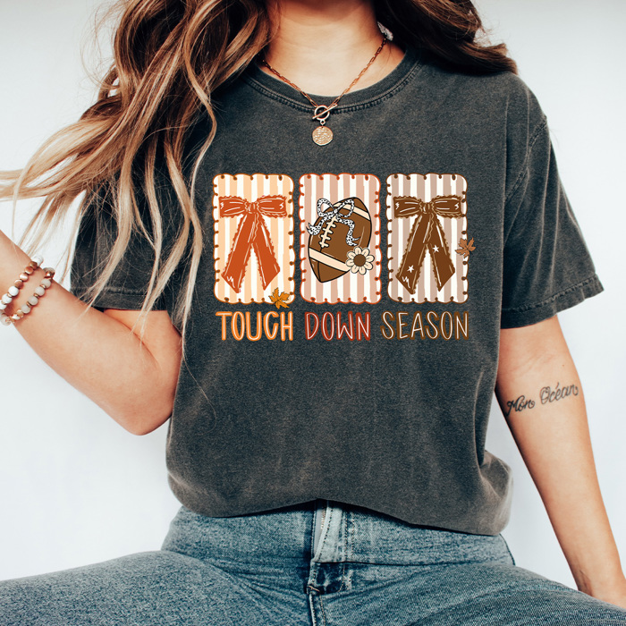 Touch Down Season Comfort Colors Tee, Bows And Football Printed Tee, Fall Football Season Shirt