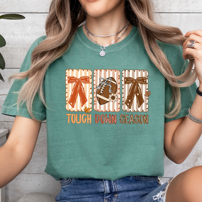 Touch Down Season Comfort Colors Tee, Bows And Football Printed Tee, Fall Football Season Shirt