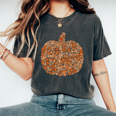 Floral Fall Pumpkin Comfort Colors Tee, Pumpkin Printed Tee, Autumn Flower Shirt