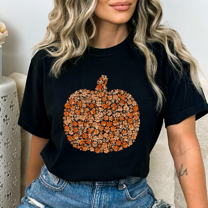 Floral Fall Pumpkin Comfort Colors Tee, Pumpkin Printed Tee, Autumn Flower Shirt