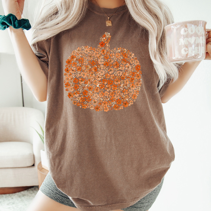 Floral Fall Pumpkin Comfort Colors Tee, Pumpkin Printed Tee, Autumn Flower Shirt
