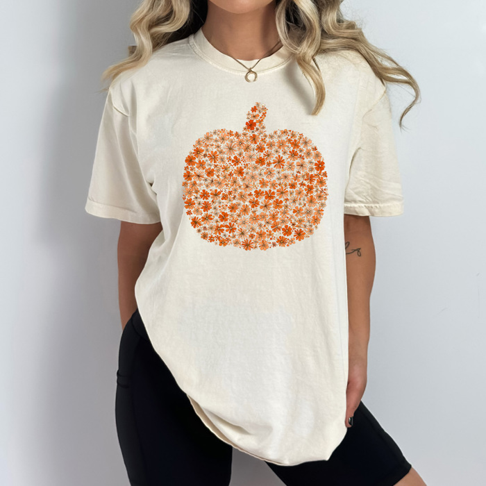 Floral Fall Pumpkin Comfort Colors Tee, Pumpkin Printed Tee, Autumn Flower Shirt