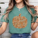 Medium Light Green Floral Fall Pumpkin Comfort Colors Tee, Pumpkin Printed Tee, Autumn Flower Shirt