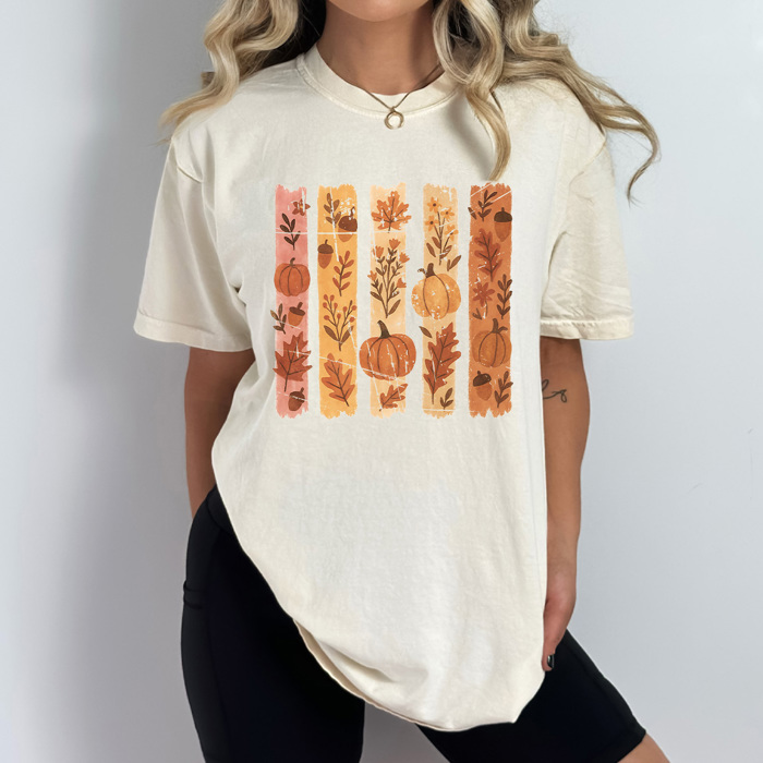Autumn Foliage Stripes Comfort Colors Tee, Fall Pumpkins Printed Tee, Falling Leaves Shirt 