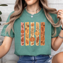 Large Light Green Autumn Foliage Stripes Comfort Colors Tee, Fall Pumpkins Printed Tee, Falling Leaves Shirt 