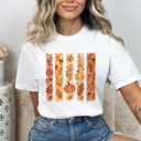Medium White Autumn Foliage Stripes Comfort Colors Tee, Fall Pumpkins Printed Tee, Falling Leaves Shirt 