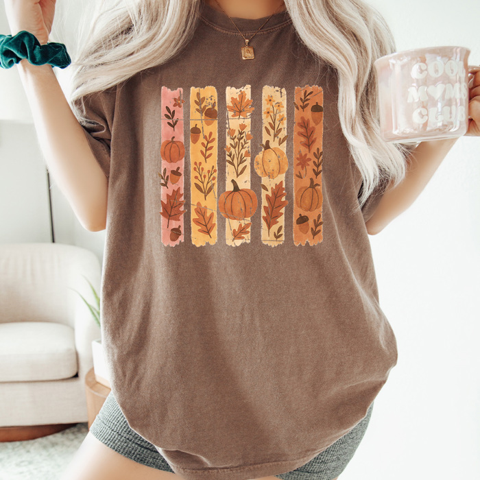 Autumn Foliage Stripes Comfort Colors Tee, Fall Pumpkins Printed Tee, Falling Leaves Shirt 