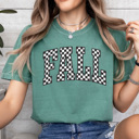 Small Light Green Fall Checkered Comfort Colors Tee, Fall Trendy Printed Tee, Checkered Shirt 