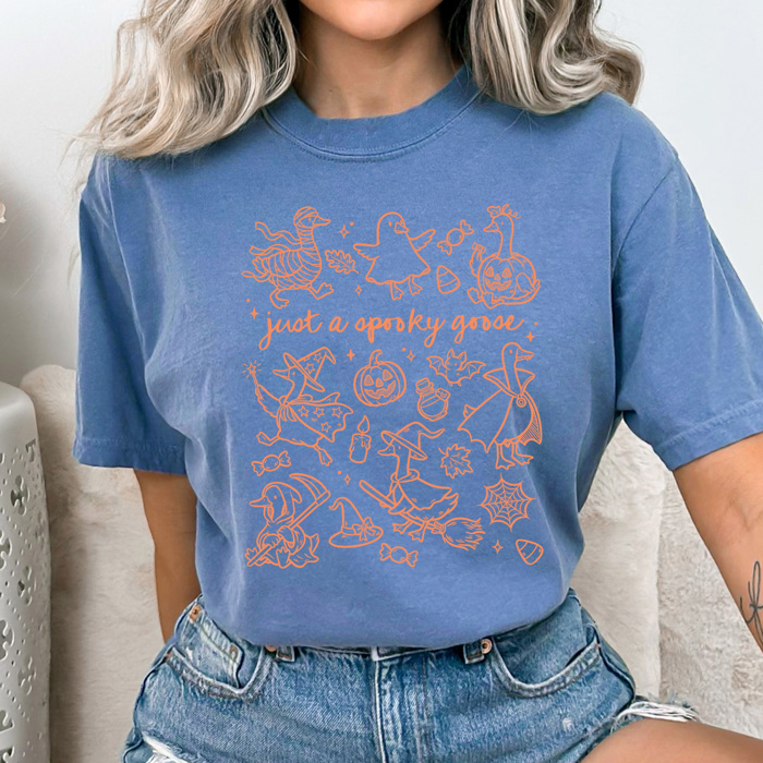 Just A Spooky Goose Comfort Colors Tee, Halloween Goose Printed Tee, Spooky Halloween Shirt