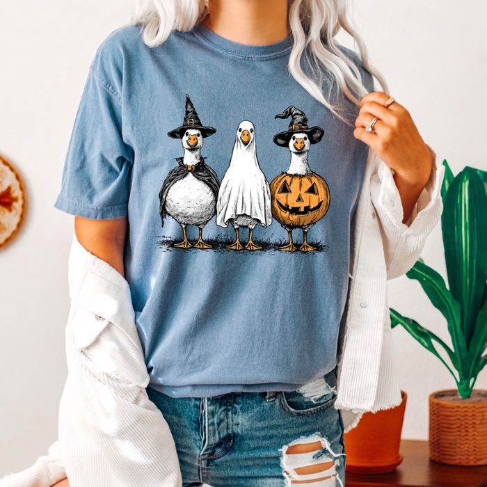Halloween Costume Geese Comfort Colors Tee, Spooky Goose Printed Tee, Halloween Funny Tee 
