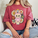 Large Crimson Little Monsters Floral Comfort Colors Tee, Bubu Flowers Printed Tee, Furry Friend Tee
