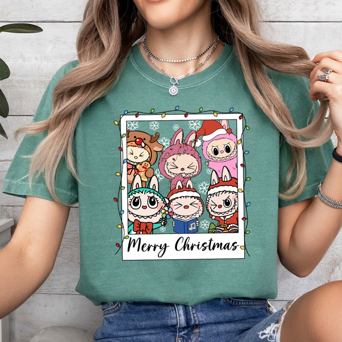 Little Monsters Christmas Polaroid Comfort Colors Tee, Furry Bubu Holiday Printed Tee, Trendy Christmas Toy Shirt   