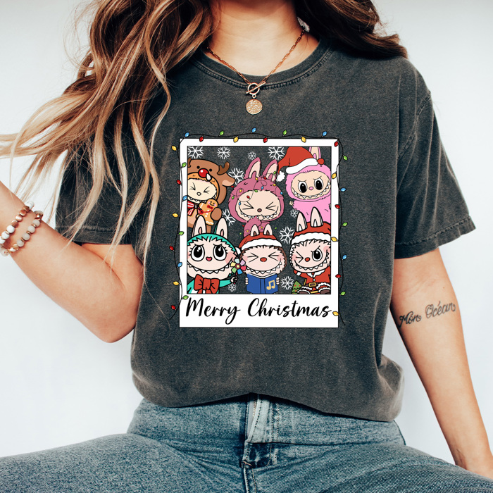 Little Monsters Christmas Polaroid Comfort Colors Tee, Furry Bubu Holiday Printed Tee, Trendy Christmas Toy Shirt   