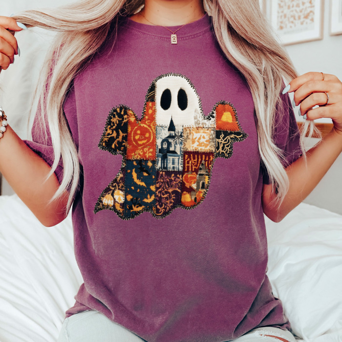 FAUX Quilted Halloween Ghost Comfort Colors Tee, Printed Spooky Pattern Tee, Halloween Boo Shirt