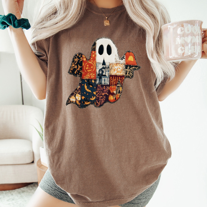 FAUX Quilted Halloween Ghost Comfort Colors Tee, Printed Spooky Pattern Tee, Halloween Boo Shirt