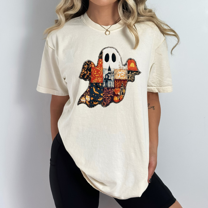 FAUX Quilted Halloween Ghost Comfort Colors Tee, Printed Spooky Pattern Tee, Halloween Boo Shirt