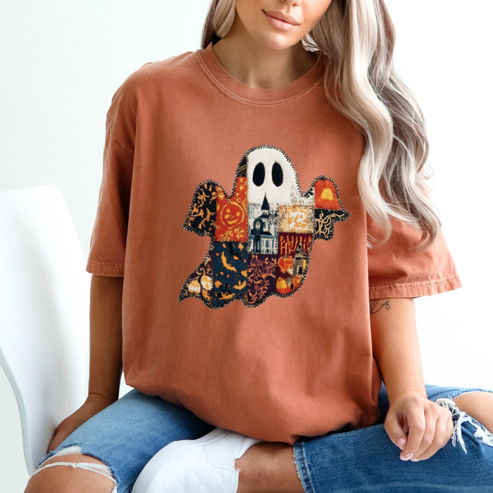 FAUX Quilted Halloween Ghost Comfort Colors Tee, Printed Spooky Pattern Tee, Halloween Boo Shirt