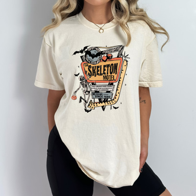 Vintage Skeleton Motel Halloween Comfort Colors Tee, Retro Spooky Nights Printed Tee, Skeleton Shirt