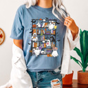 Small Blue Jean Halloween Ghost Book Shelf Comfort Colors Tee, Spooky Reading Book Printed Tee, Halloween Horror Book Tok Tee