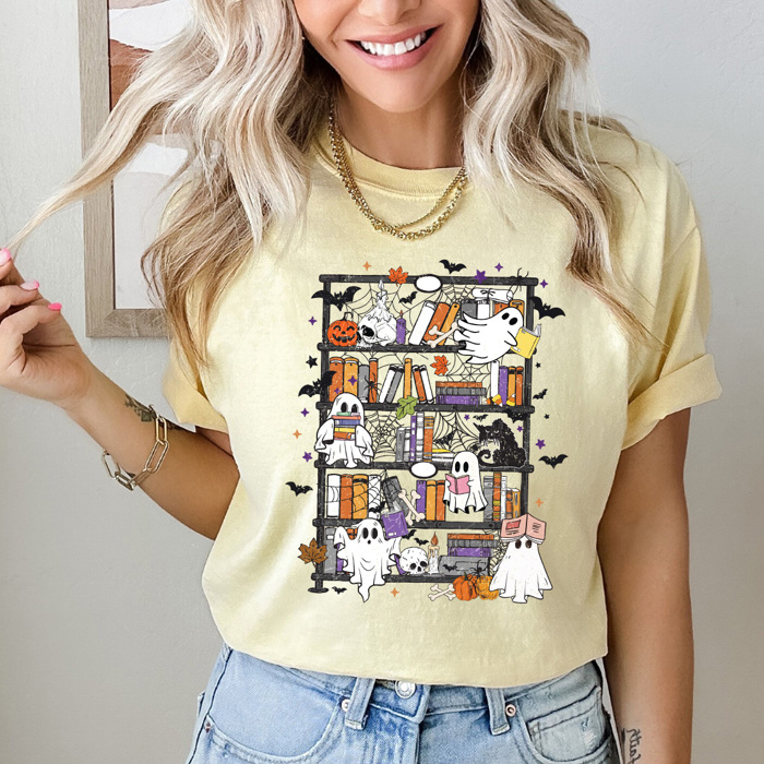 Halloween Ghost Book Shelf Comfort Colors Tee, Spooky Reading Book Printed Tee, Halloween Horror Book Tok Tee