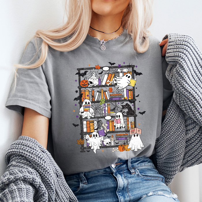 Halloween Ghost Book Shelf Comfort Colors Tee, Spooky Reading Book Printed Tee, Halloween Horror Book Tok Tee