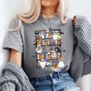 Large Gray Halloween Ghost Book Shelf Comfort Colors Tee, Spooky Reading Book Printed Tee, Halloween Horror Book Tok Tee