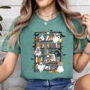 Large Light Green Halloween Ghost Book Shelf Comfort Colors Tee, Spooky Reading Book Printed Tee, Halloween Horror Book Tok Tee